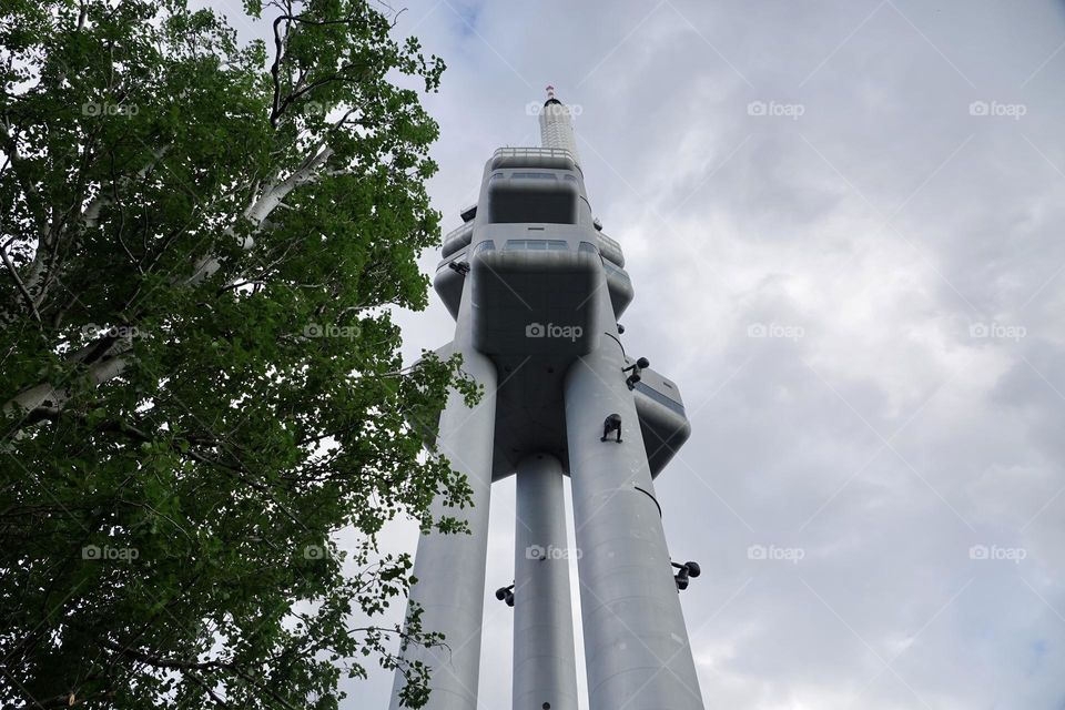 The famous Zizkov Television Tower, unique transmitter tower built in Prague between 1985 and 1992. The tower is an example of high-tech architecture.