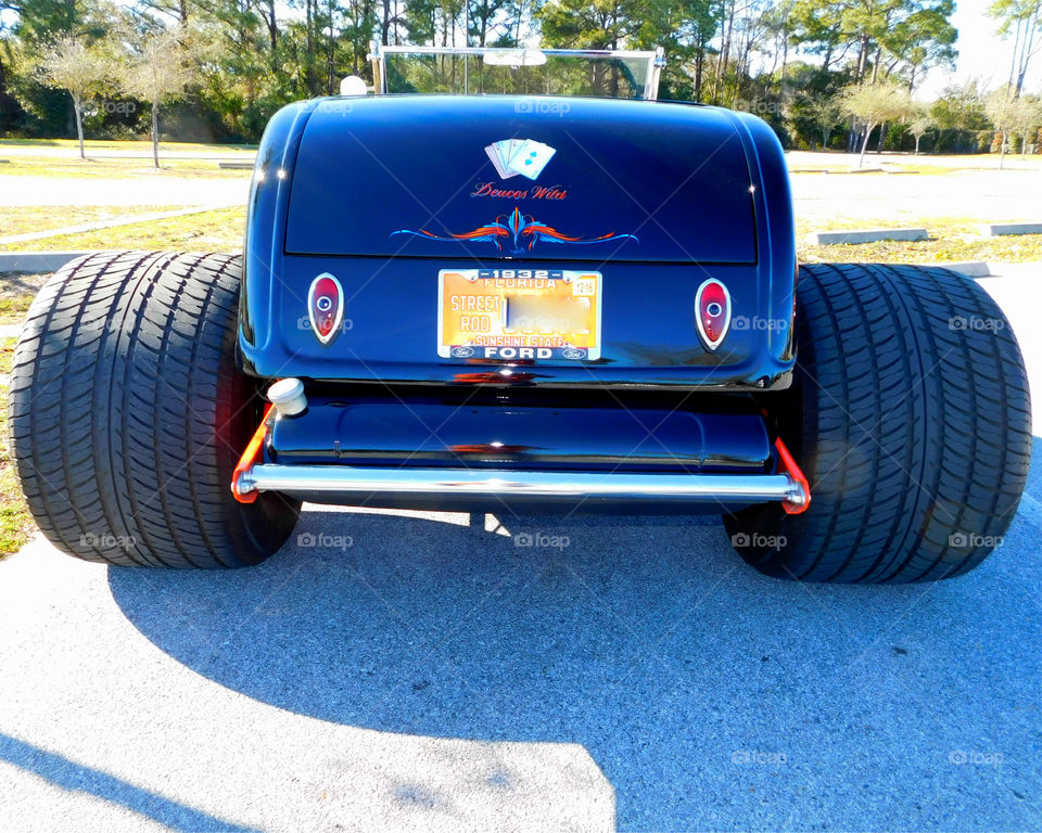 1932 Ford Hi-Boy Roadster parked in the church parking lot! Powered by a powerful 383 Stroker V8!