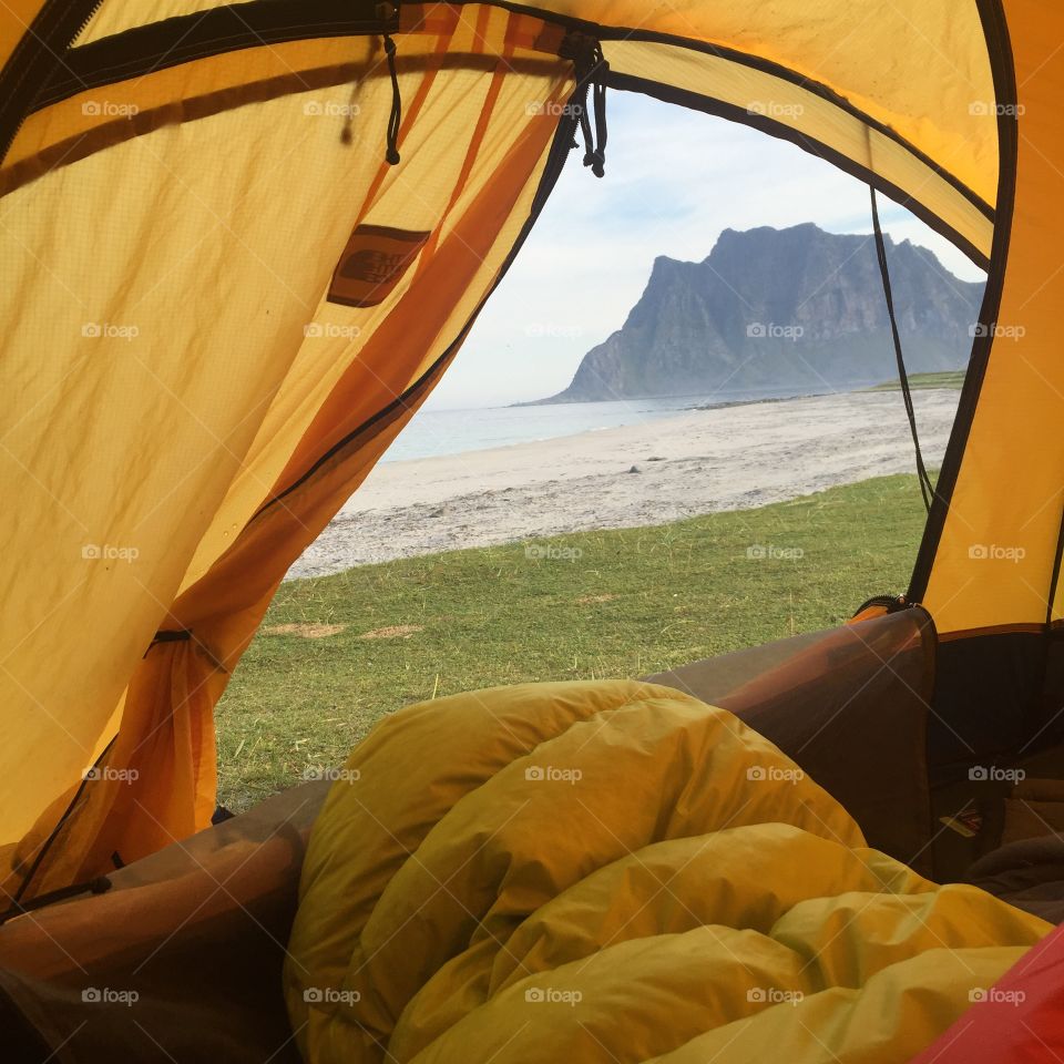 Lofoten. Waking up in the tent in Utakleiv Lofoten