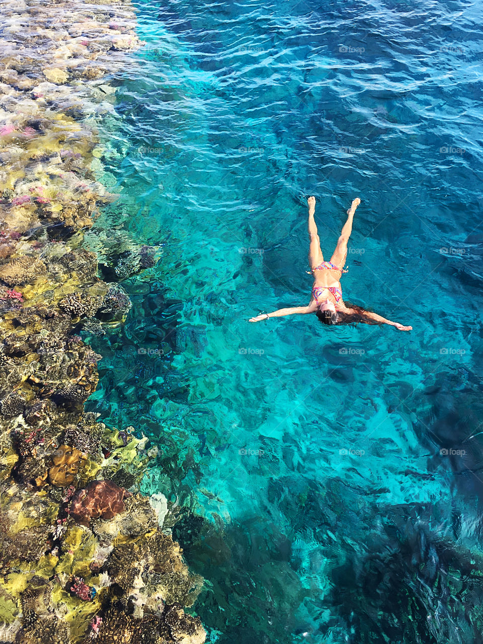 Overheard view of a young woman swimming in blue clear sea water with corals 