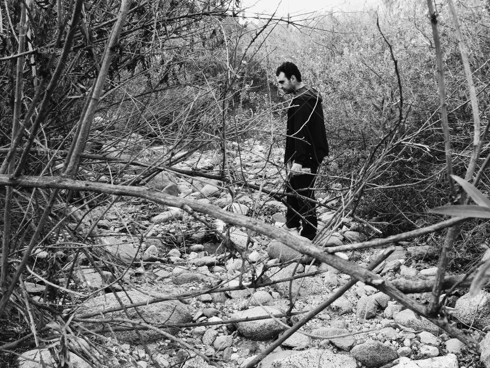 Man walking through trees