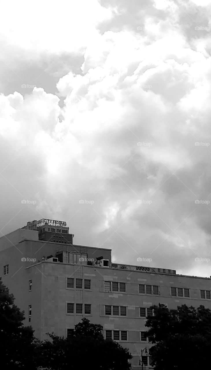 Downtown Birmingham building in black and white