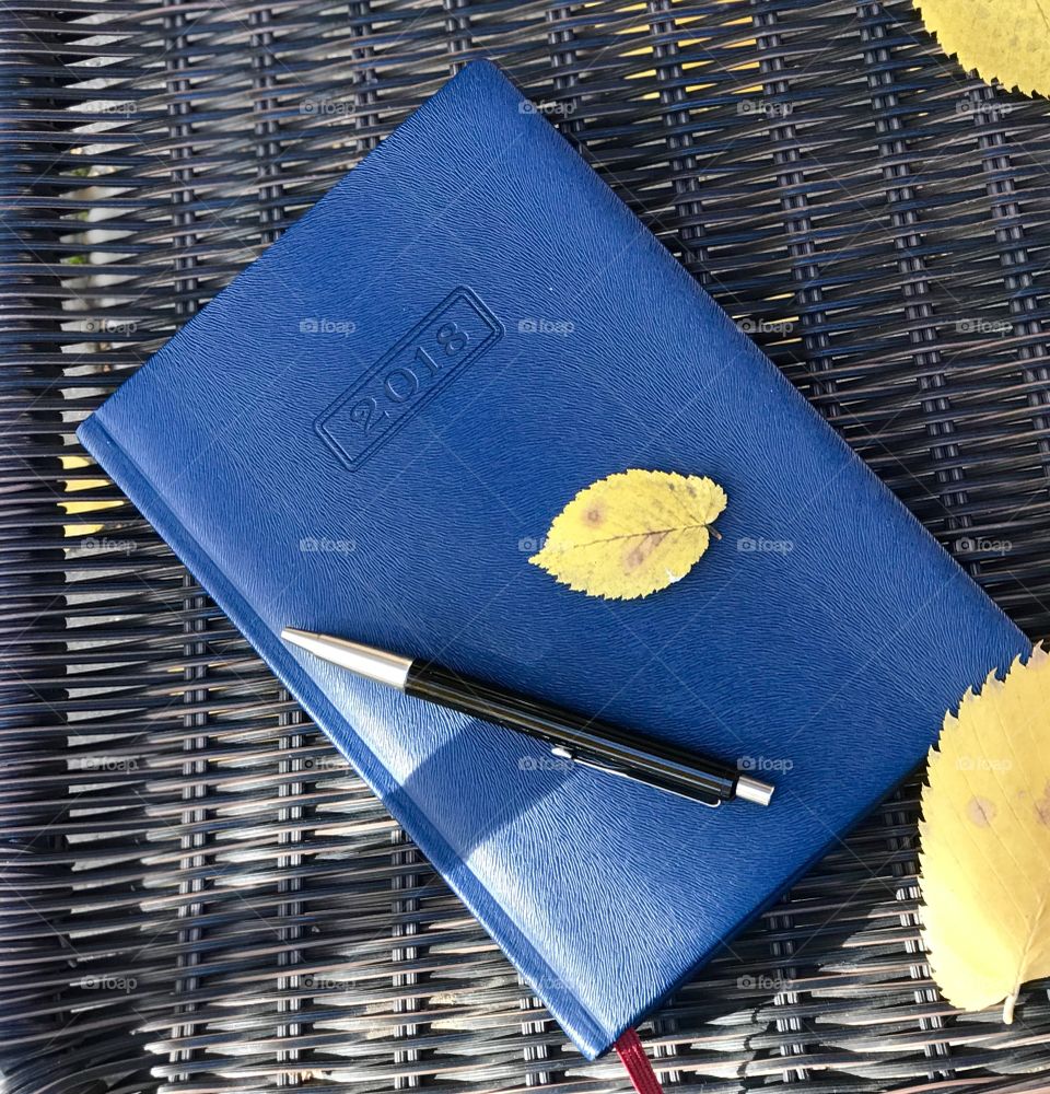 Notebook outdoor. Autumn. Leaves 