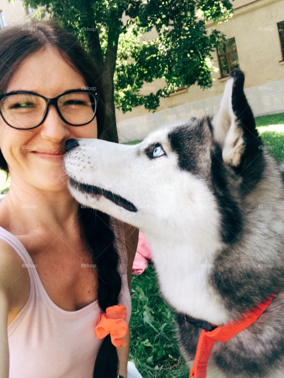 Cute selfie photo girl with dog