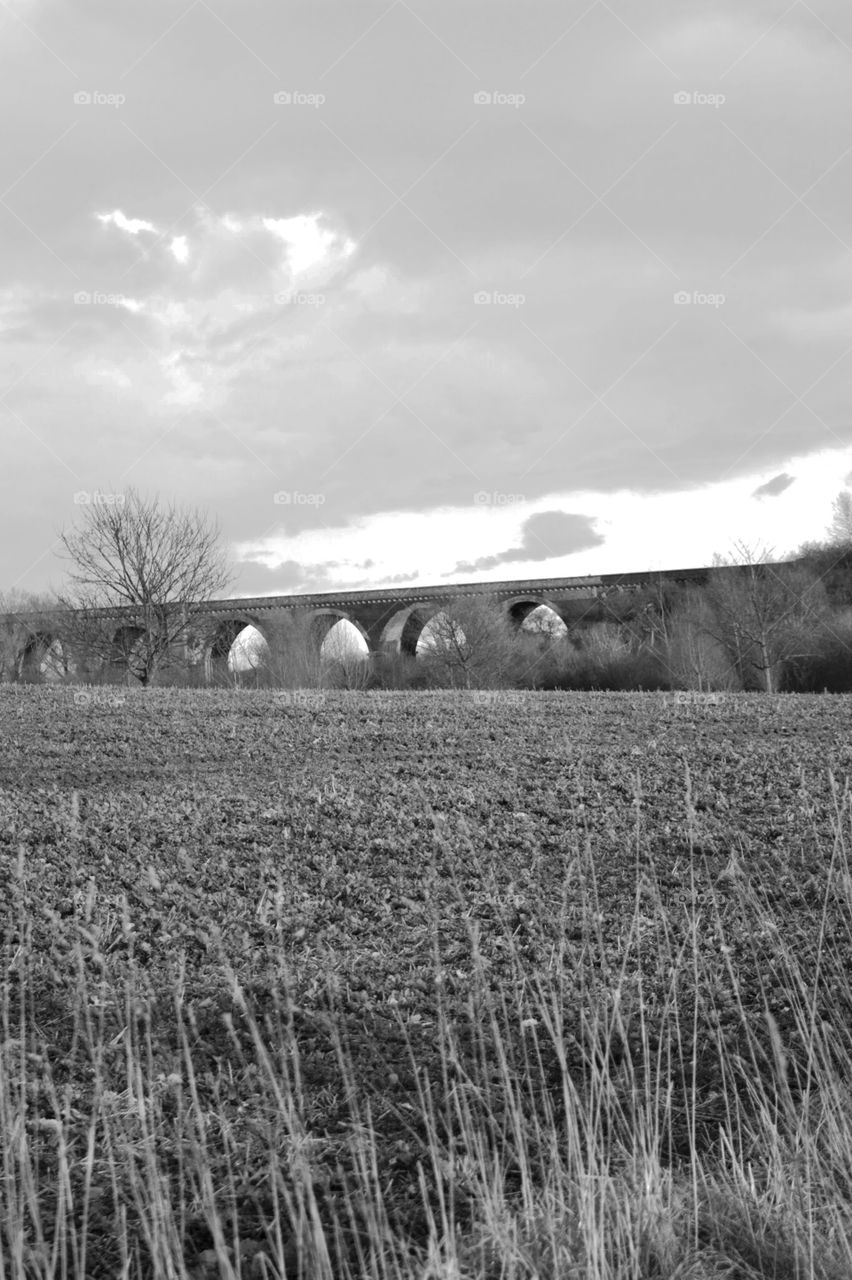 Stone brick arches black and white. Series of arches with a field foreground in black and white