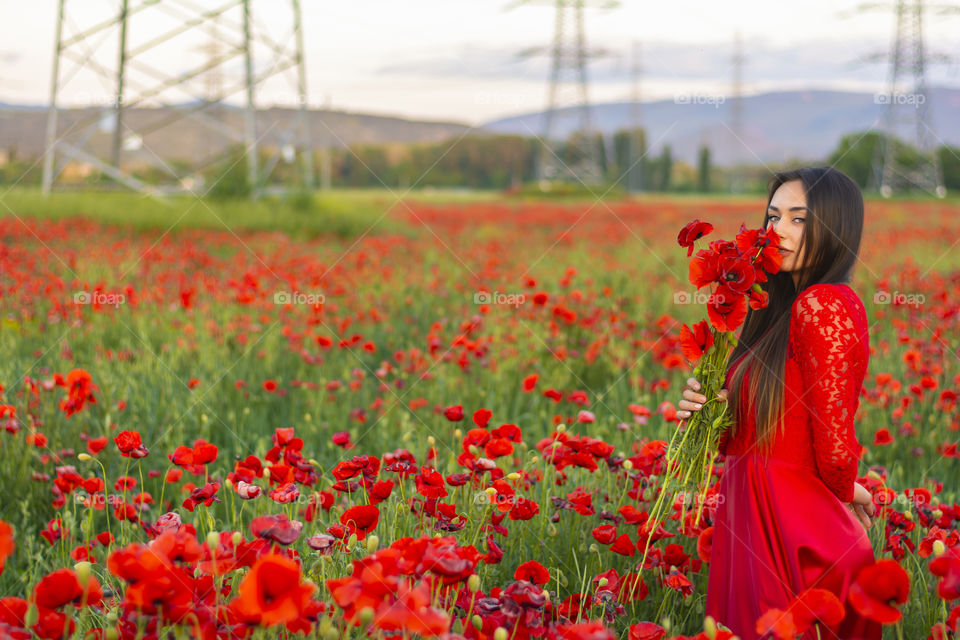 Happy brunette girl in a beautiful dress in a red field of poppies stands with a bouquet of poppies smiles and enjoys life. Young brunette woman with long groomed hair in red dress enjoy a poppy field