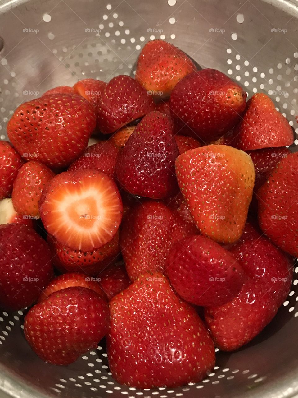 Closeup of cleaned and hulled strawberries 