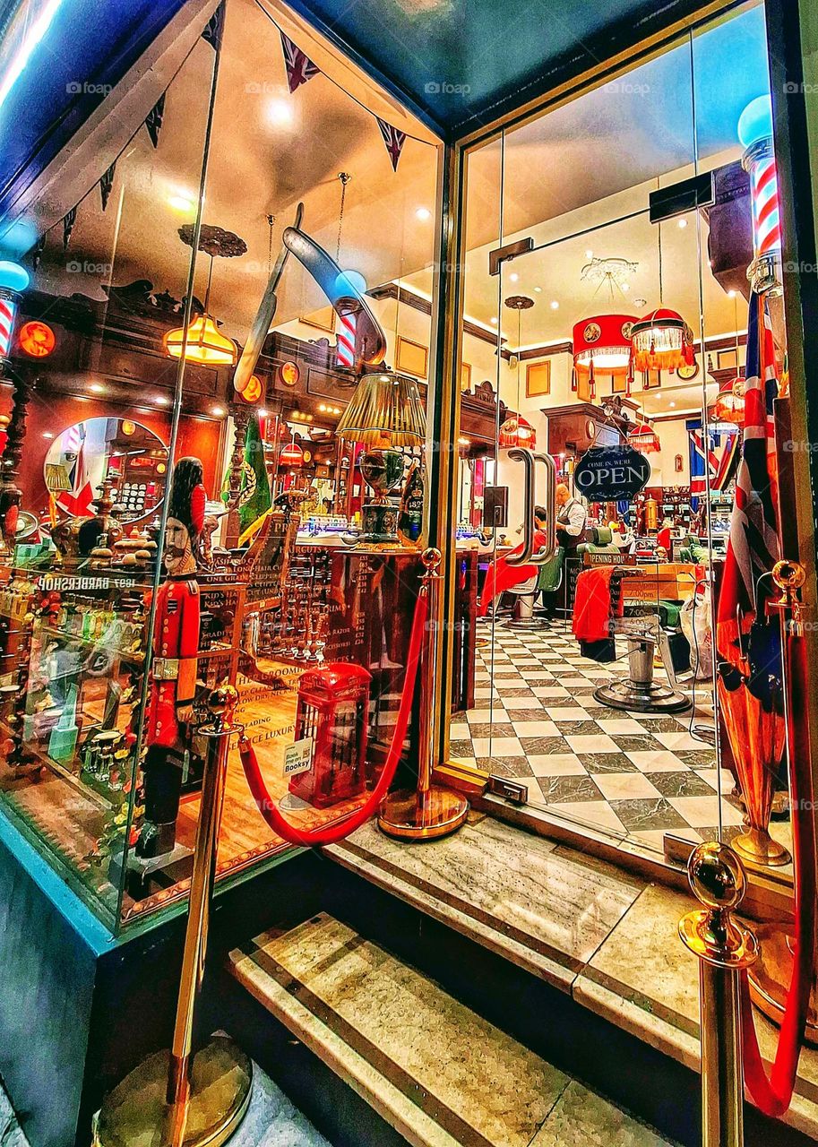 Image of a vintage London barbershop, established 1897, with all the original fixtures and fittings