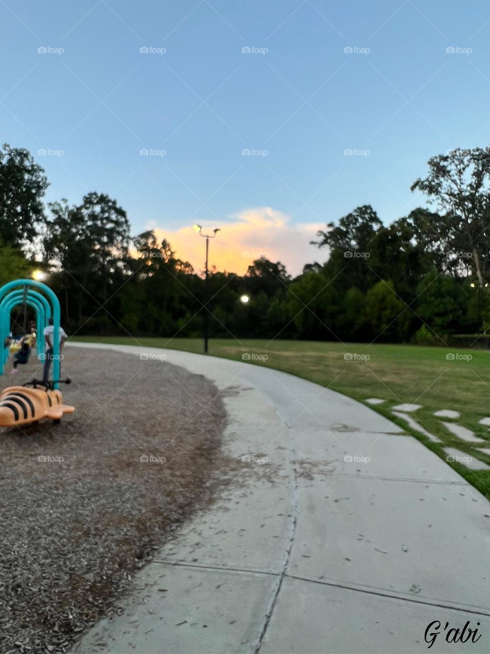 Evening skies over park grounds 
