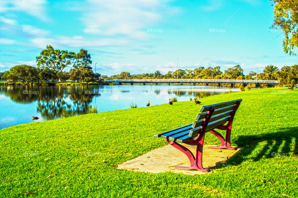 empty park bench seat by the peaceful Swan River in Perth, Western Australia
