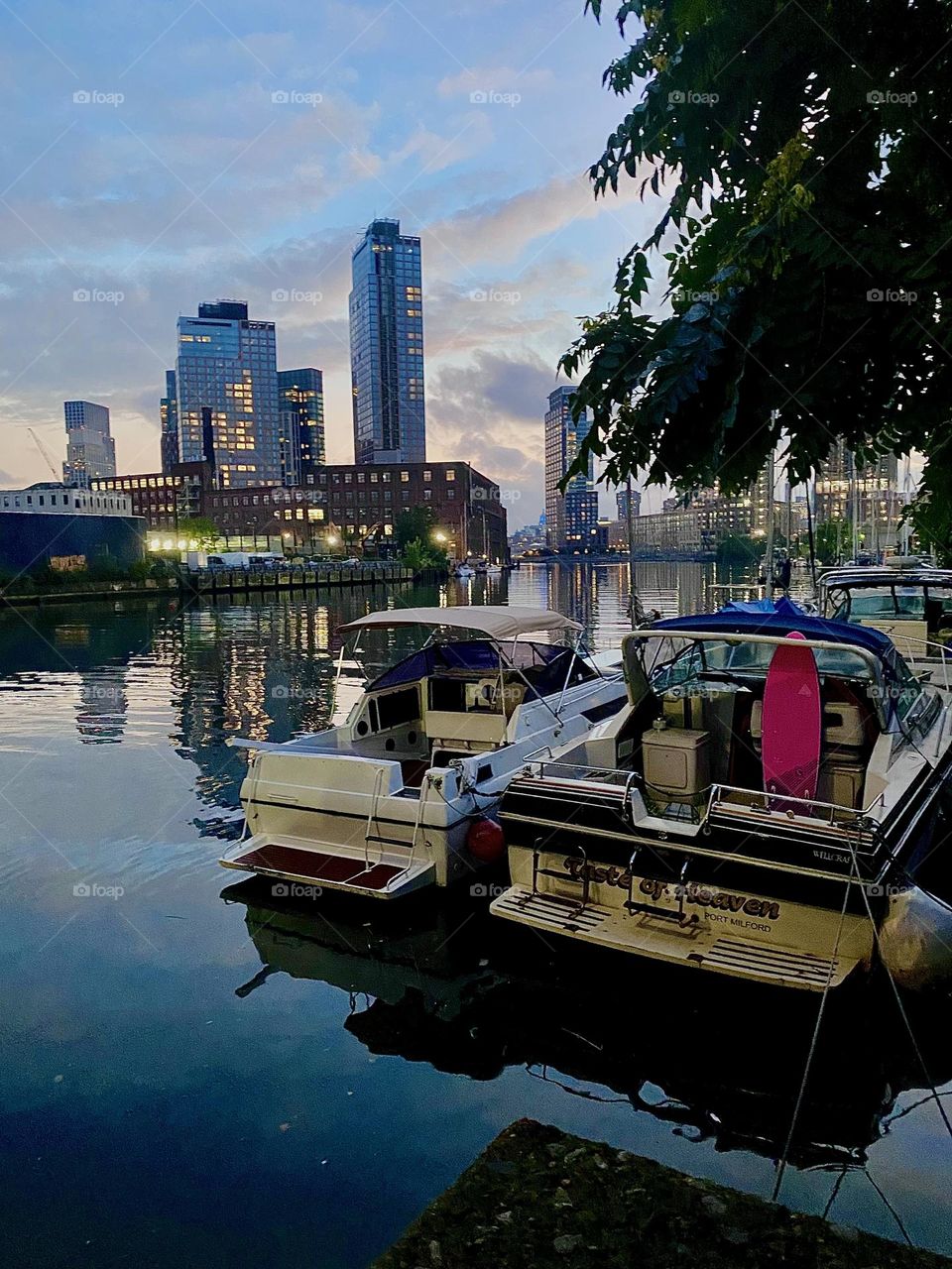 These are the beautiful boats of “Newtown Creek” by the “Pulaski Bridge” in LIC, Queens in the twilight of upcoming nightfall on an evening in August of 2023. Hypnotic Productions