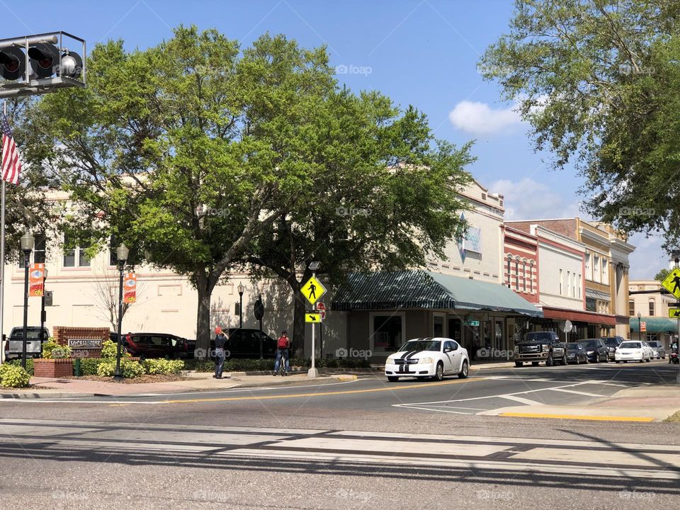 Main Street Downtown Small Town USA Plant City Florida buildings across from railroad tracks and next to central park