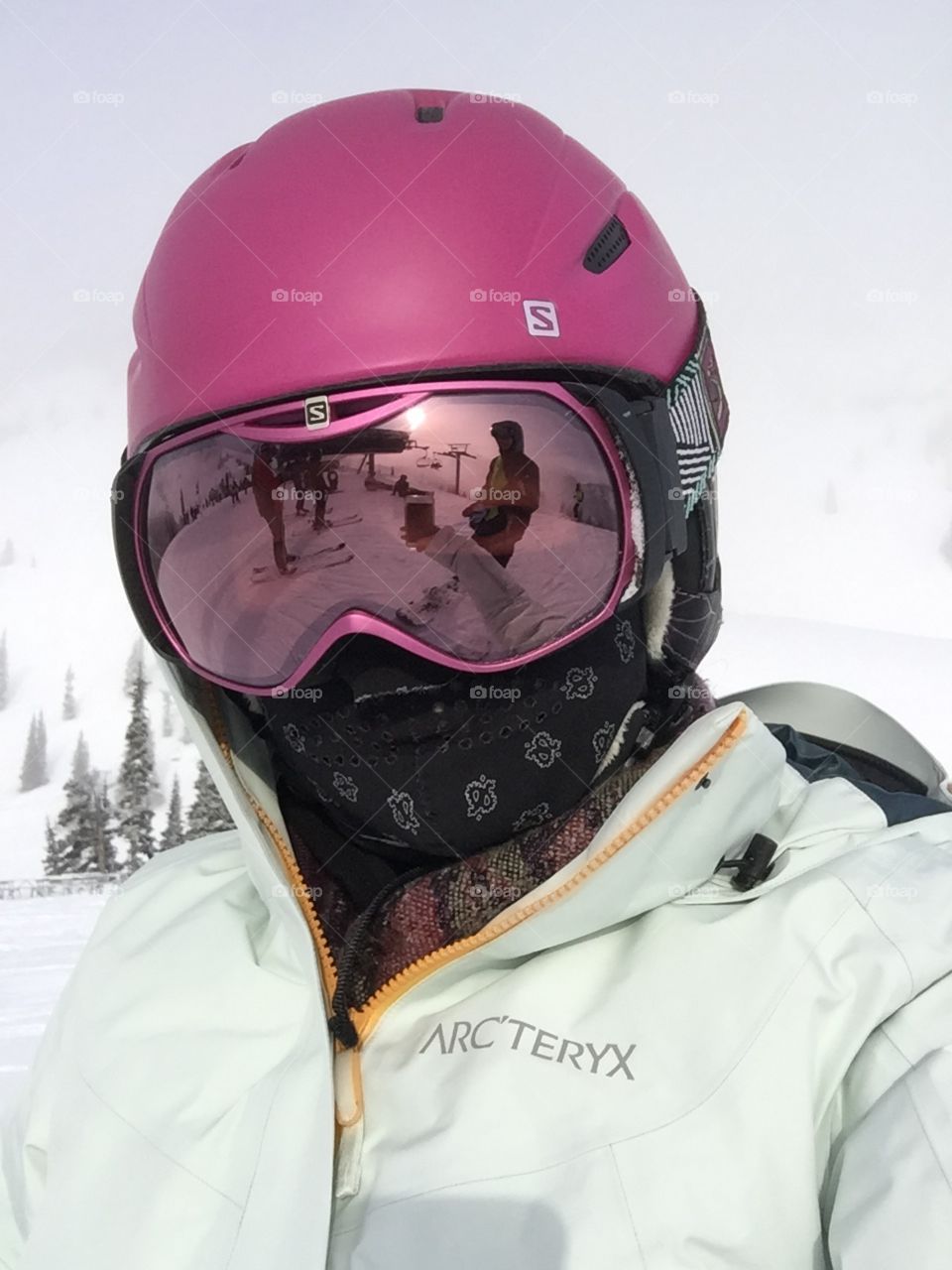 Snowboarding, snowboarder, pink, pink helmet, goggles, ski, ski jacket, arcteryx, ski jacket, reflection, pink lady, winter, snow, snowing, ski resort, portrait, selfie 