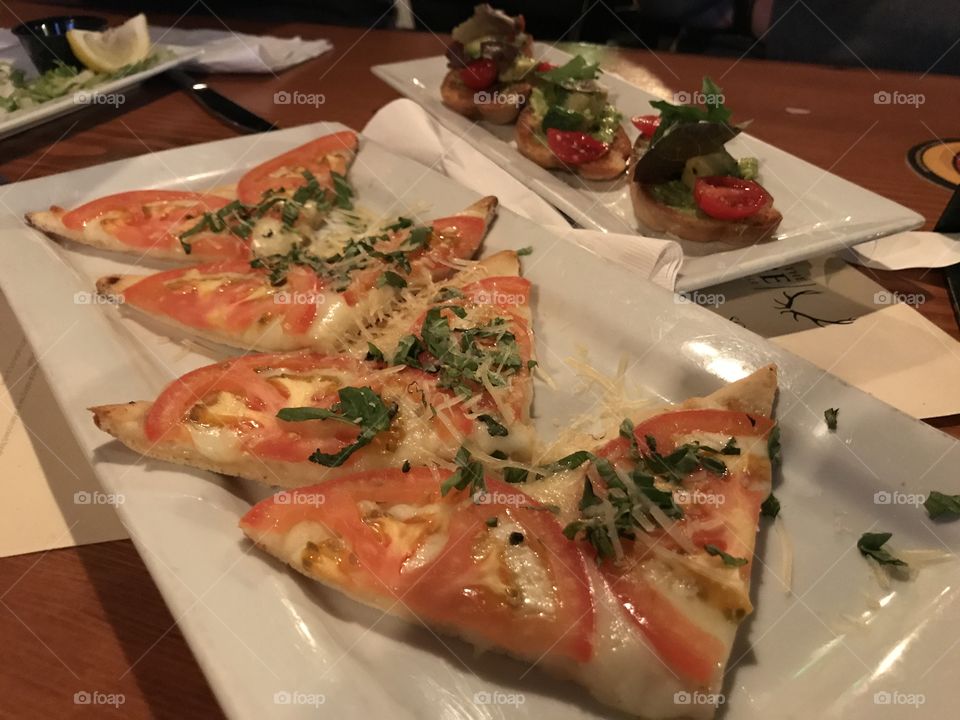 Pizza, flat bread, tomato pizza, meal, dinner, plate, 