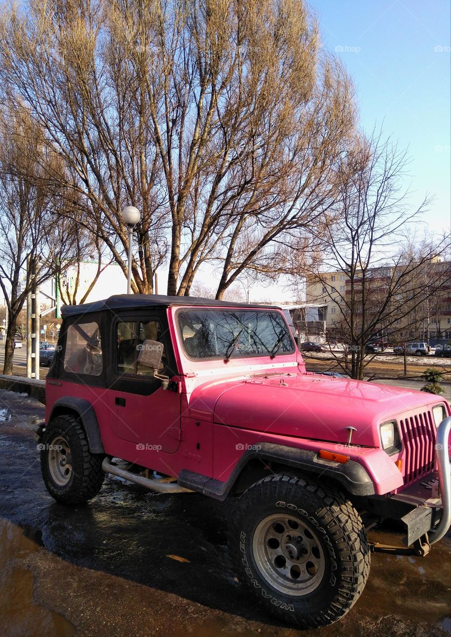 pink car on a street, beautiful car