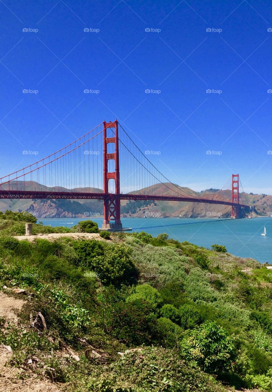 Panoramic view of the Golden State Bridge in San Francisco.