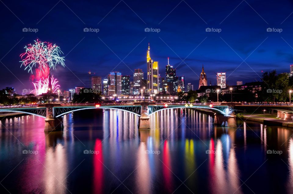 Fireworks in Frankfurt am Main at night.  Beautiful cityscape.
