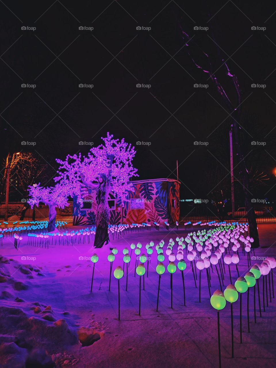 Kharkiv,  Ukraine. Christmas,  New Year decorations, night lights, garlands. 2022