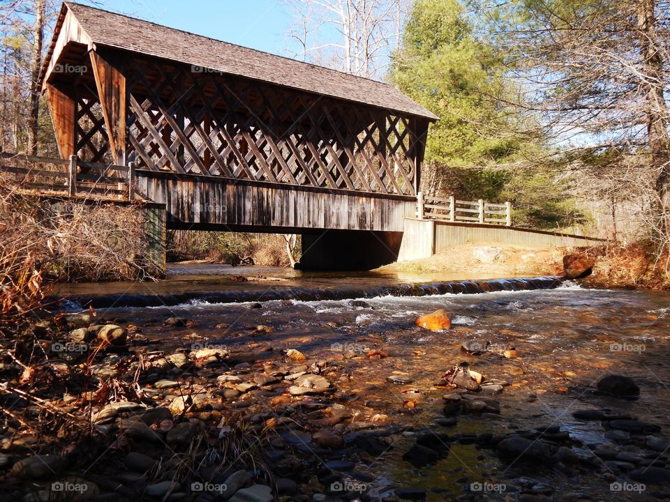 Covered bridge over stream at Smithgall woods state park in Georgia