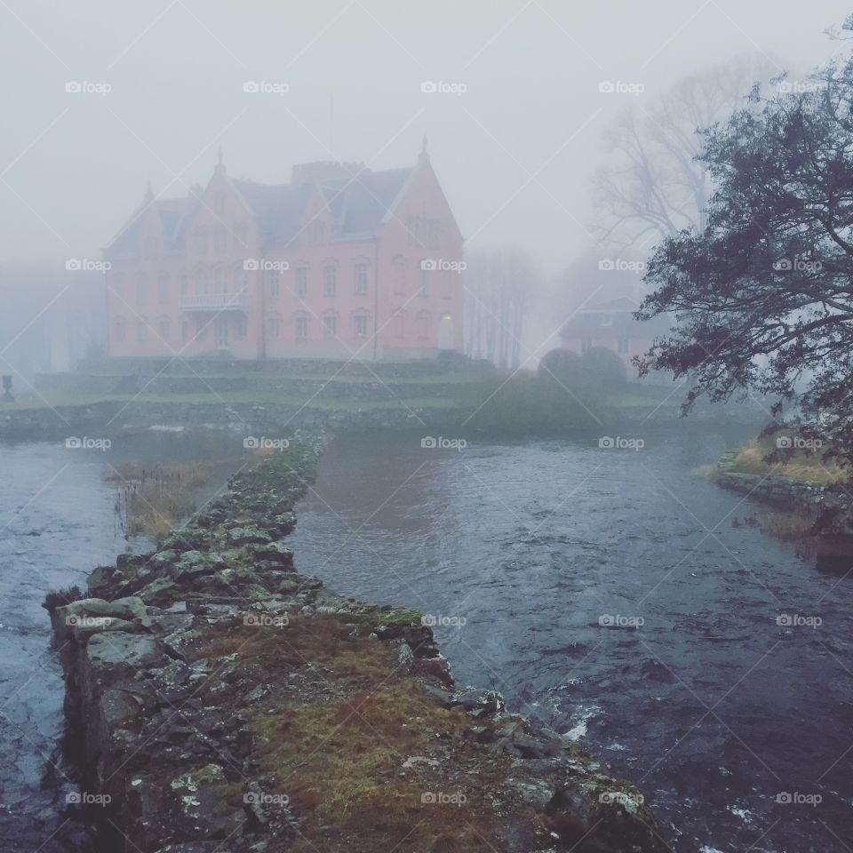 Pink castle in the fog
