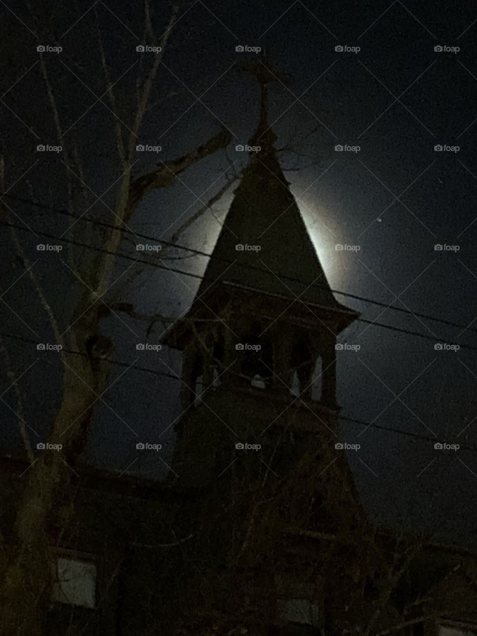 Steeple full moon winter darkness