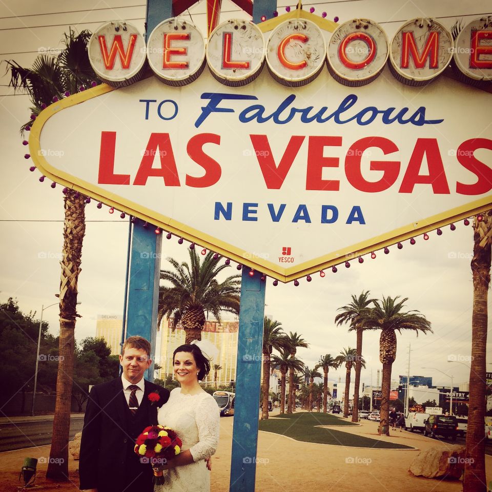 Just Married. Wedding pic under the Vegas sign