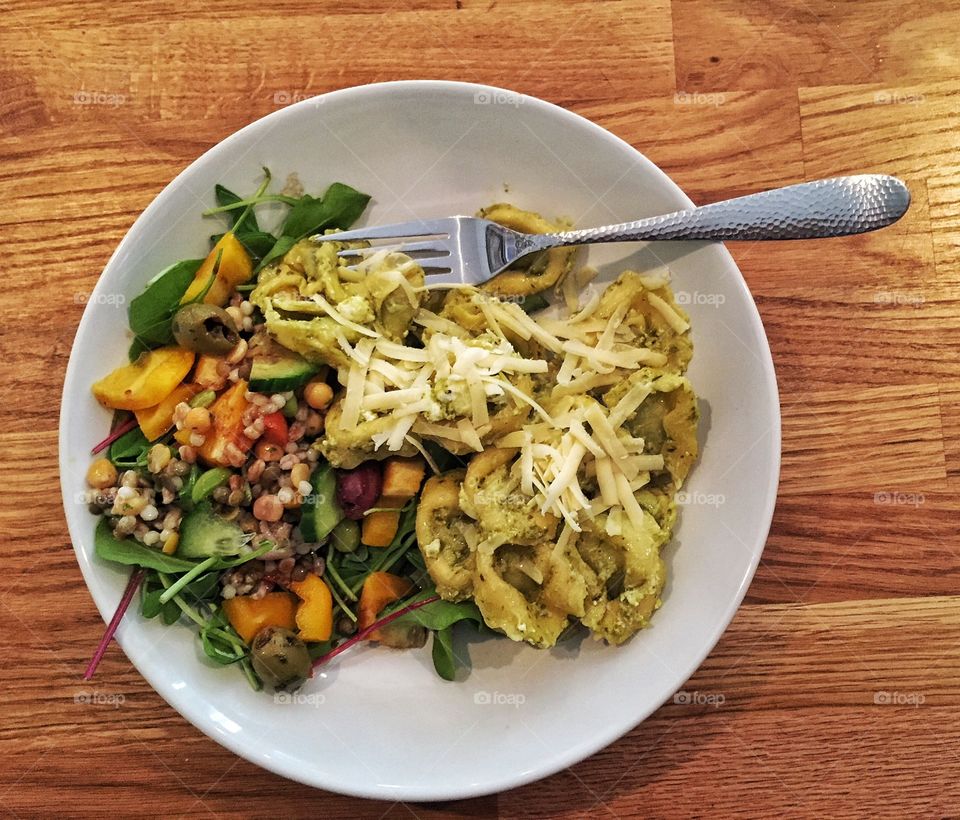 Pasta pesto and salad