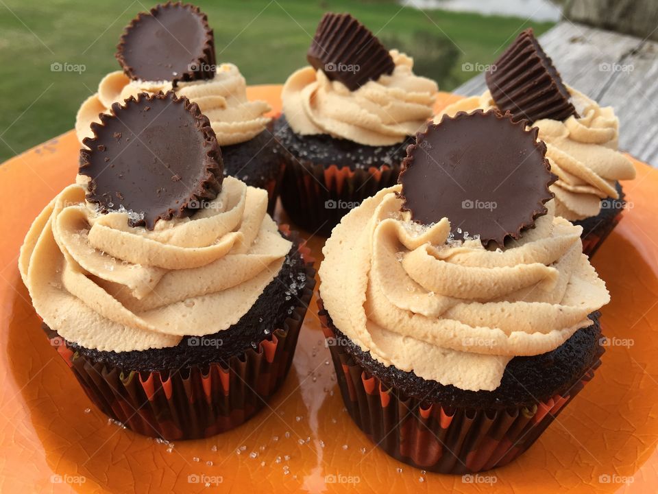 Chocolate Cupcakes with Peanut Butter Buttercream Icing topped with a Peanut Butter Cup
