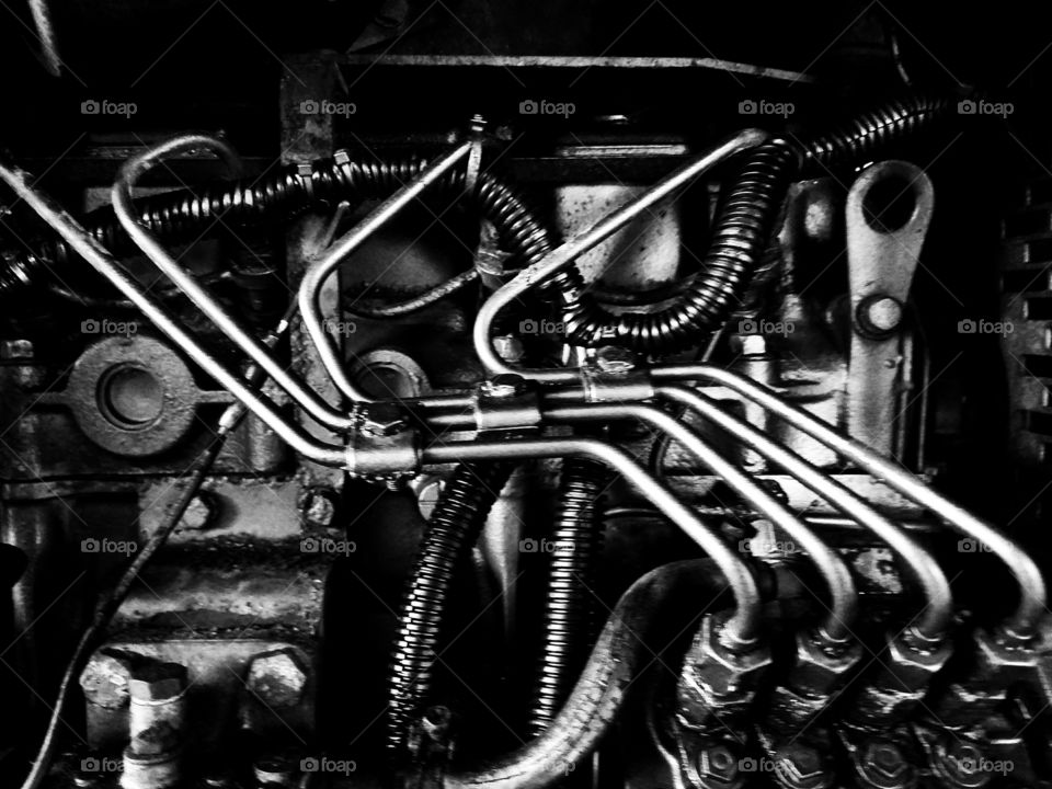 Diesel engine in black and white