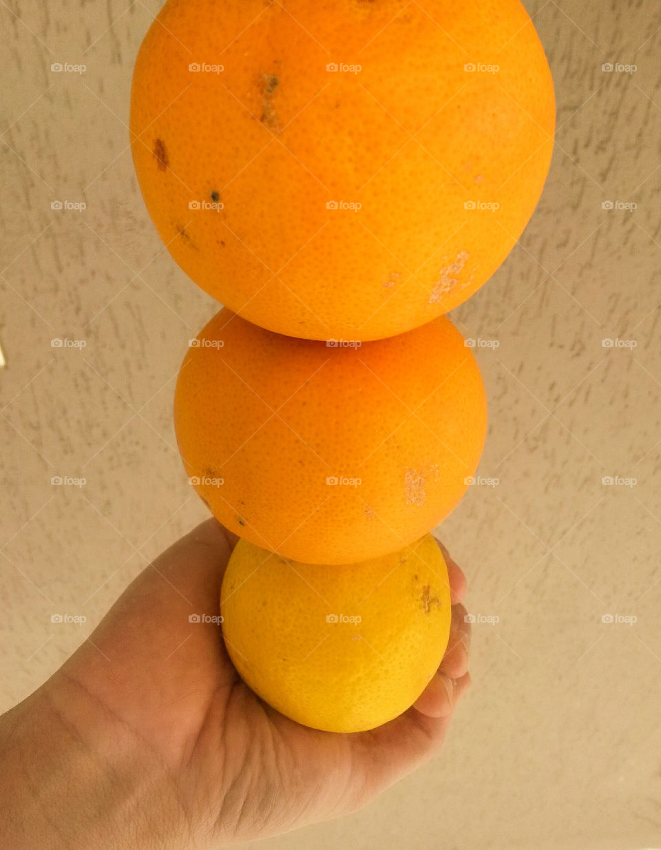 optical illusion of hand holding 1 lemon and 1 orange