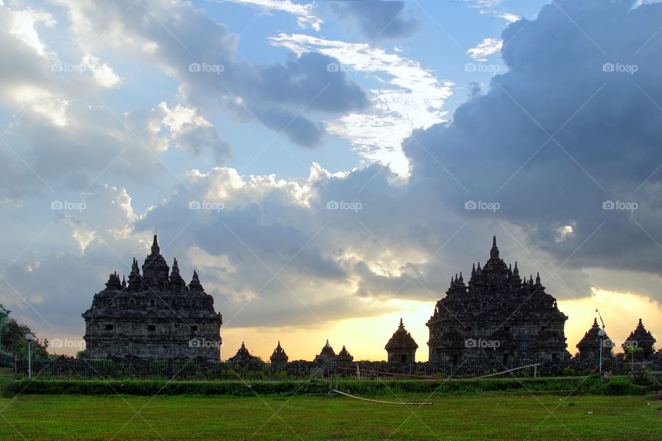 sunset view in plaosan temple, one of some archaelogical site in Jogjakarta, Indonesia