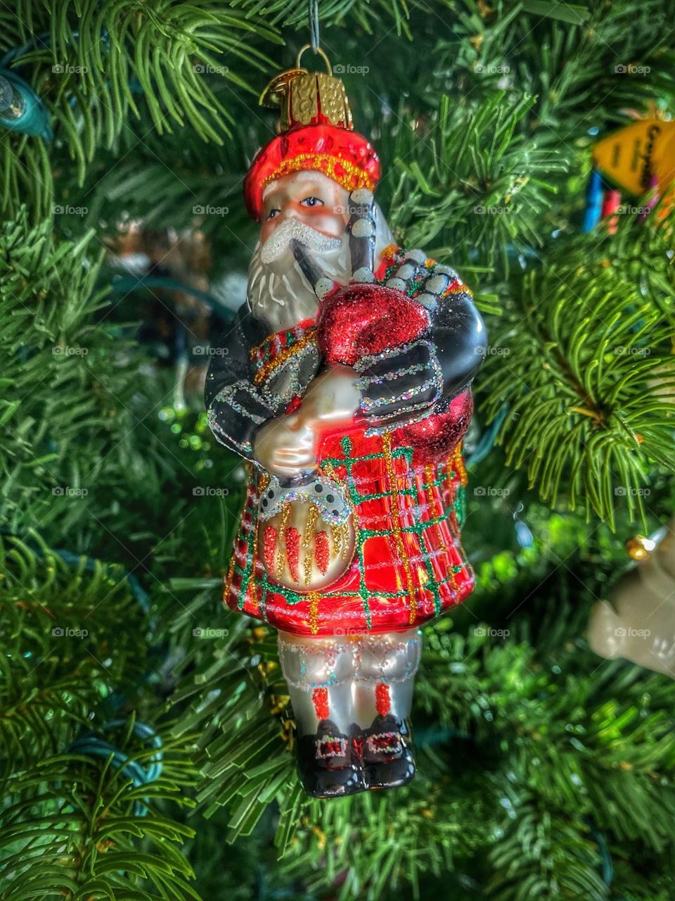 Christmas tree decoration - Scottish Santa clause ornament.  Plaid, tartan, sparkly, glittering, green, red 