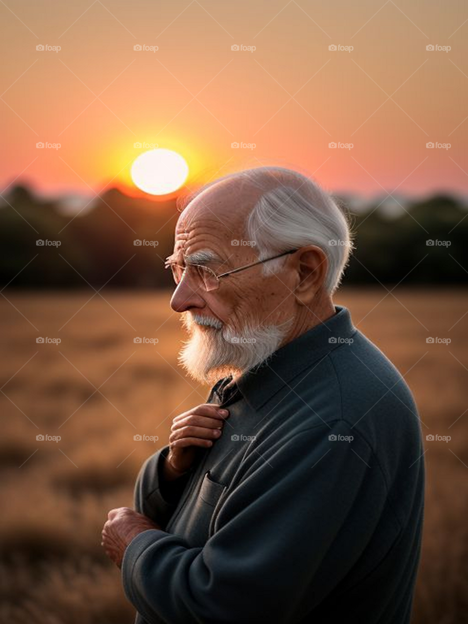 Old man with sunset view