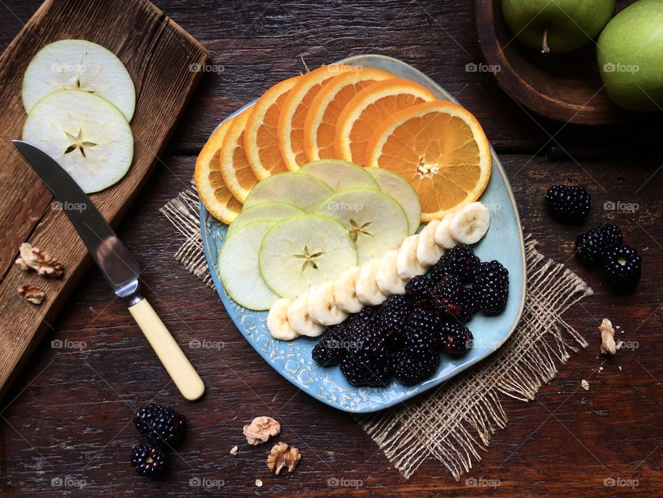Fruit platter on wood table