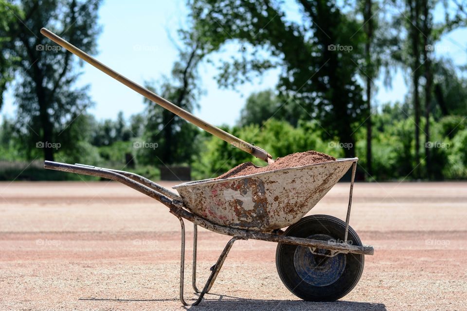 Mortar cart  construction site. Building sports field