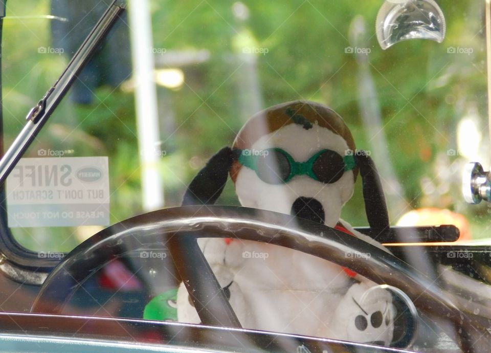 snoopy driving a n older vehicle