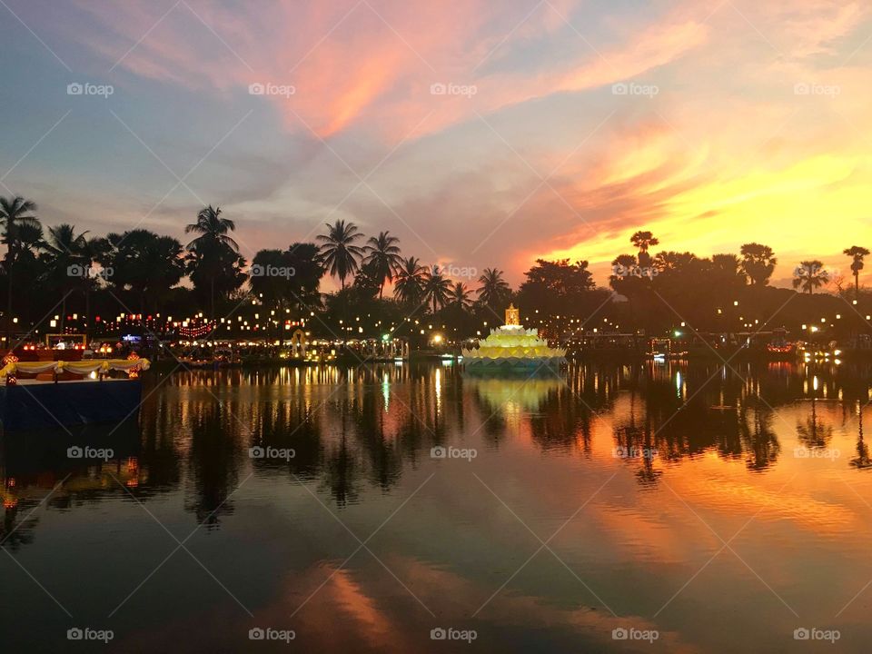 Sunset in loy krathong festival, Sukhothai, thailand