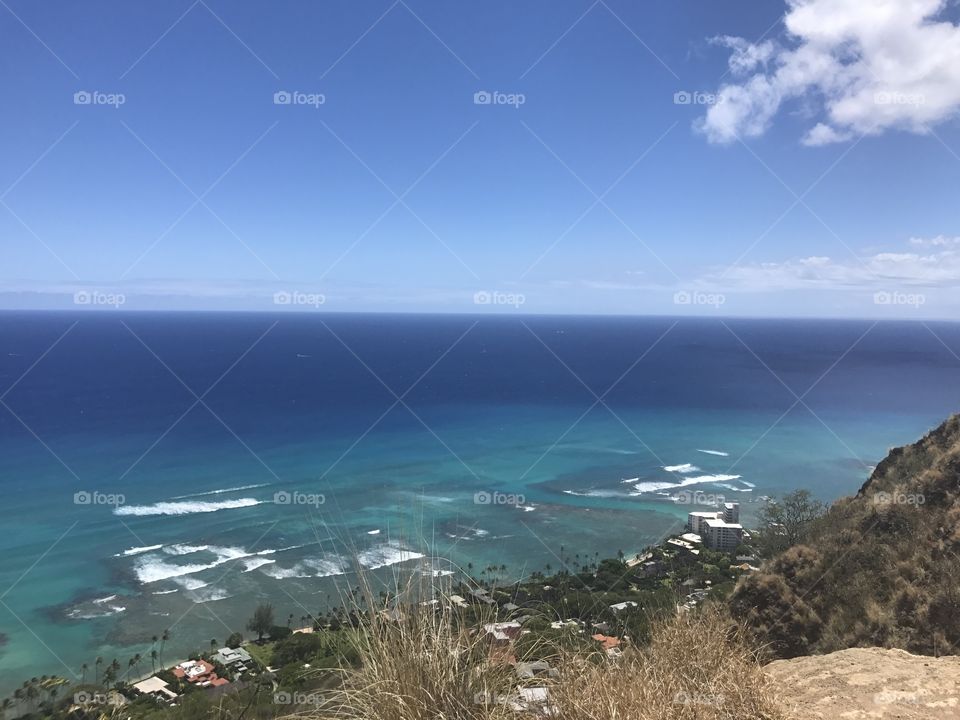 Sea view at the top of diamond head trail, open sky view, Hawaii Oahu Honolulu 