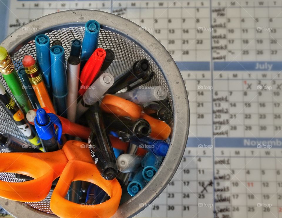 Desk From Above. Office Supplies On An Office Desk
