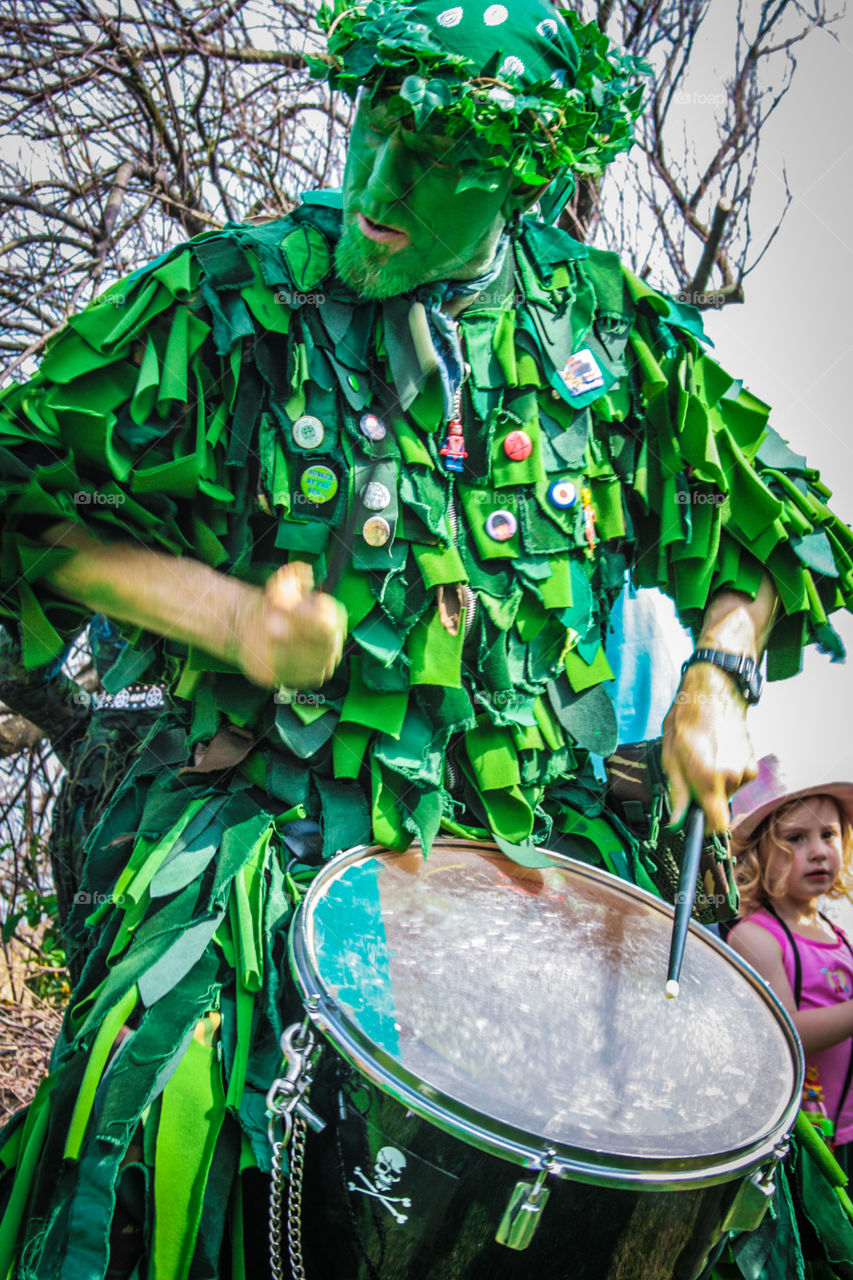 A “bogey” plays a drum, at Hastings Traditional Jack in the Green, U.K. 2008