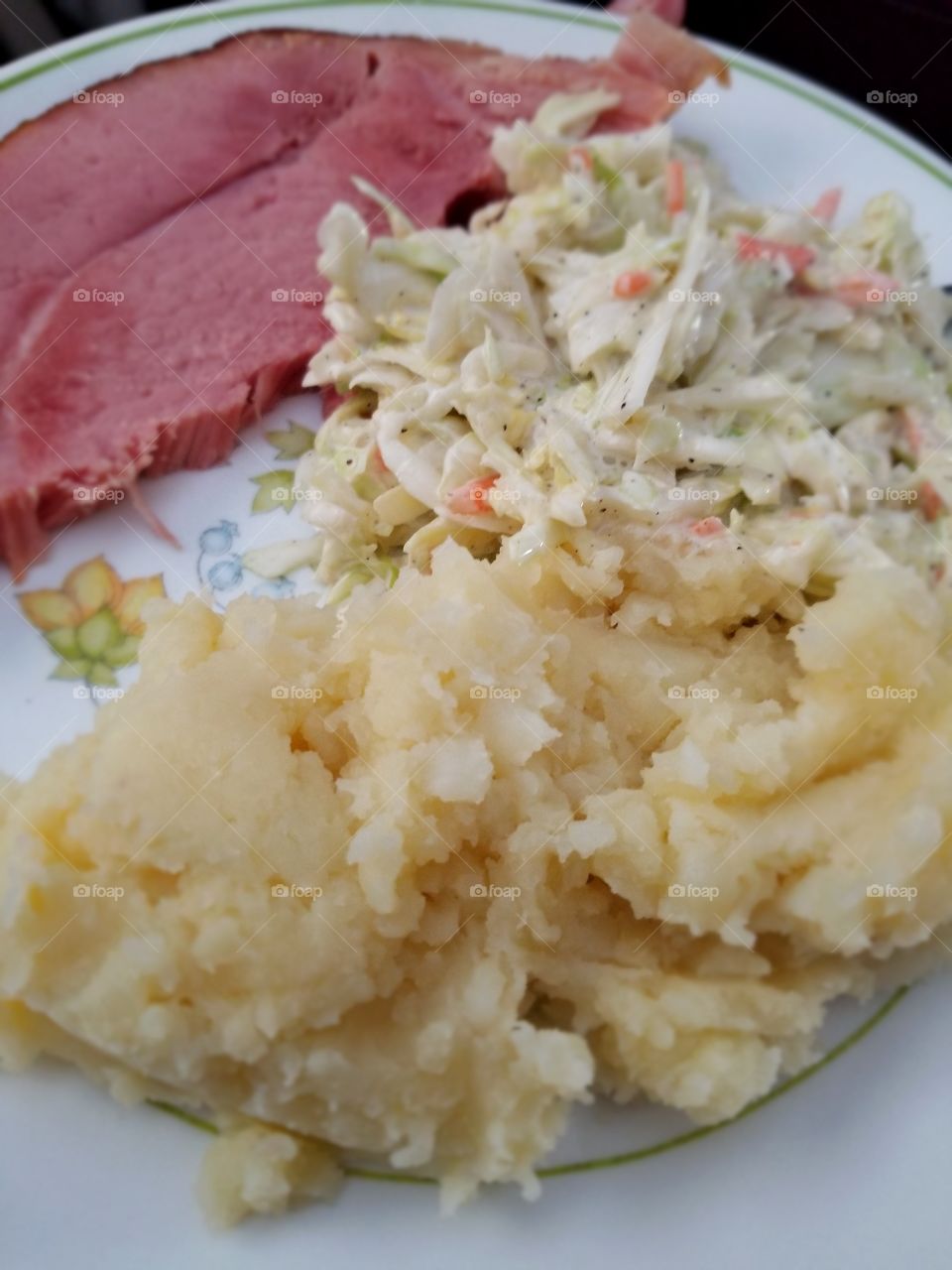 coleslaw and potatoes with ham