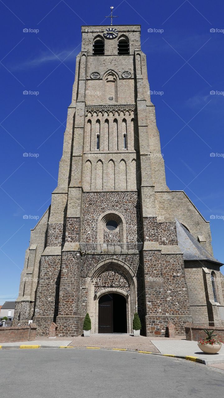 Tower of an old church in Belgium.