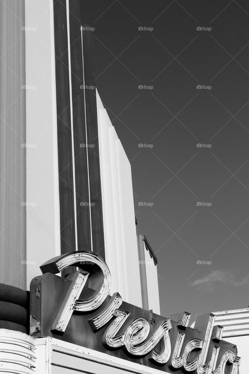 Art deco Presidio Theater in the marina district of San Francisco California with its strong sleek lines and sculptural facade in black and white