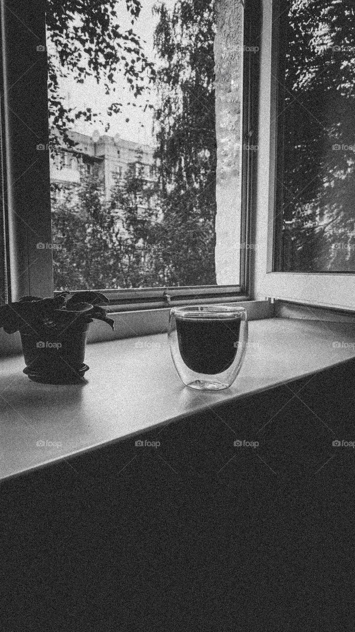 Cup of coffee, black and white photo 