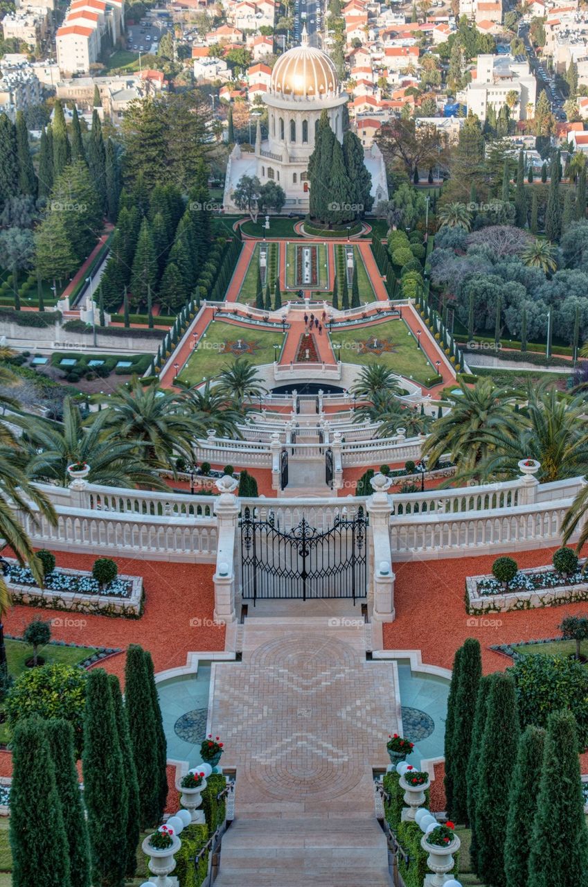 High angle view of Bahai gardens and cityscape