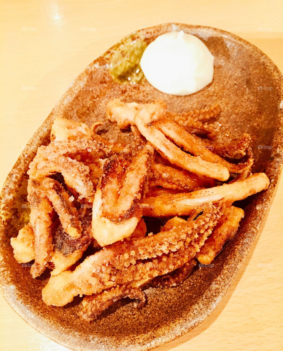 Deep fried squid with lemon slice japanese cuisine seafood