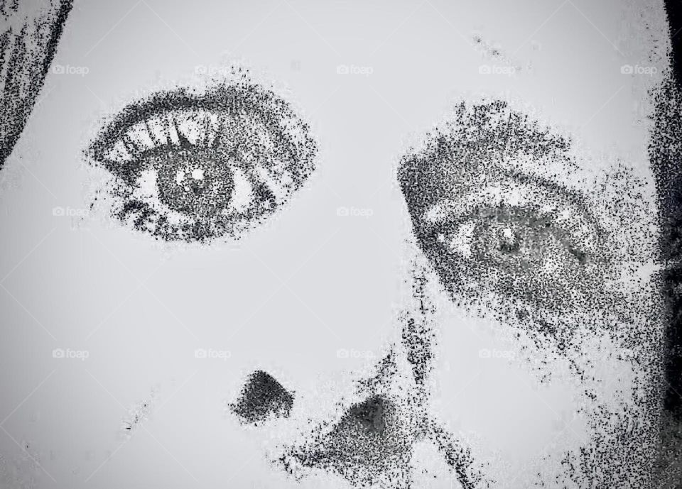 “Timothy Trespas”, my significant other for almost sixteen years has the most soulful captivating blue eyes. Here you see them in black & white cropped to form one out of multiple panels “Andy Warhol” 1970s style.  2019. Hypnotic Productions