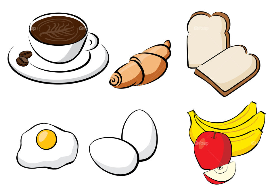 Healthy breakfast illustration -  egg, coffee, fruits, bread and Crossiant