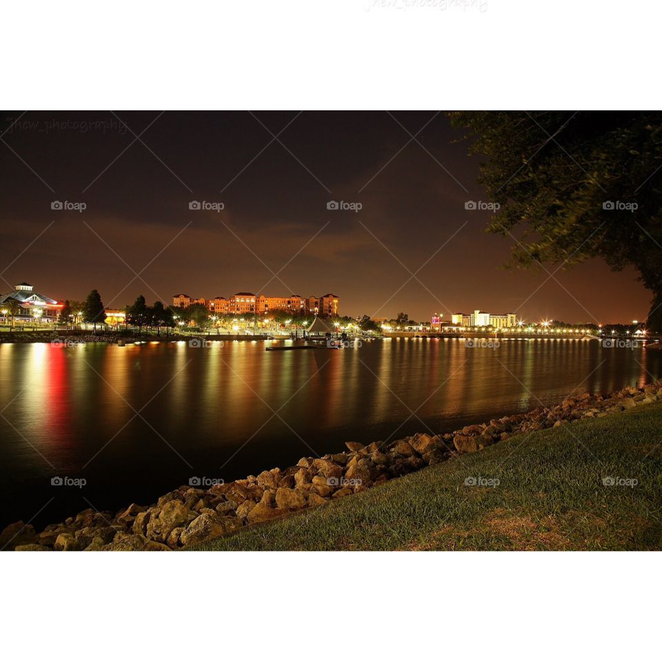 Evening at Crane's Roost Park. Beautiful night lights reflecting on the lake at Crane's Roost Park, Altamonte Springs, FL