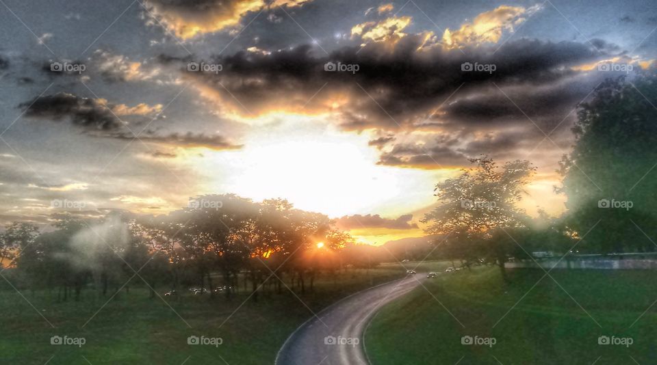 estrada sol céu verde paisagem